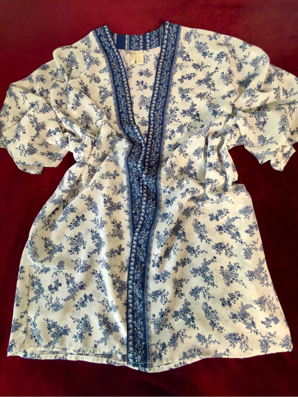 JAPNA Floral Kimono Topper Cardigan Blue White Border Print Open Front Sheer L